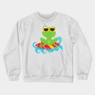 Cute Frog, Green Frog, Little Frog, Surfing Board Crewneck Sweatshirt